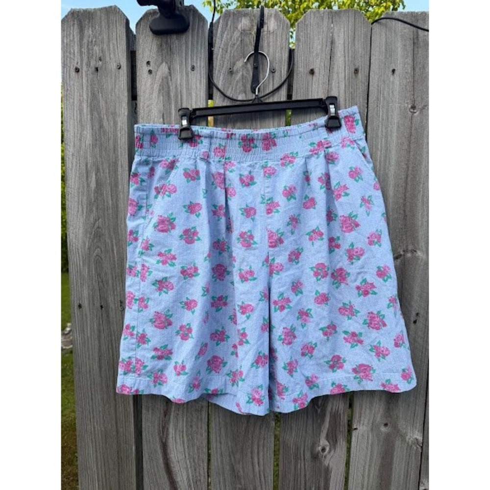 Middlebrook Park Vintage Blue Pink Floral Seersucker Shorts Elastic Waist Medium